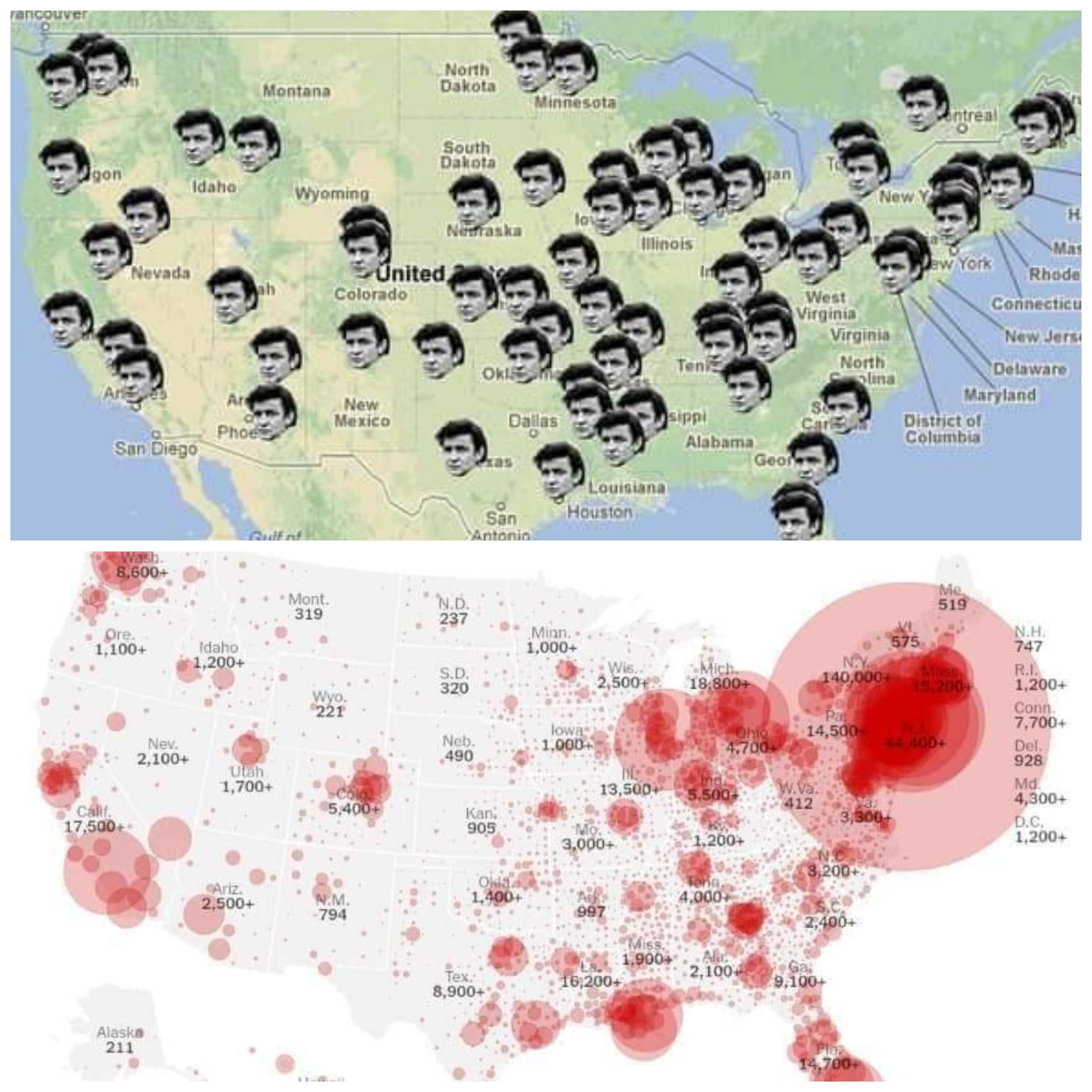 Places Johnny Cash claims to have been in the song "ive been everywhere" vs the Covid-19 spread map. Coincidence????