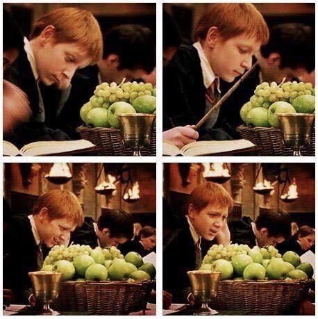 The child actors of the Harry Potter movies were told to do their homework while filming to add realism. From his face, I think it’s math.