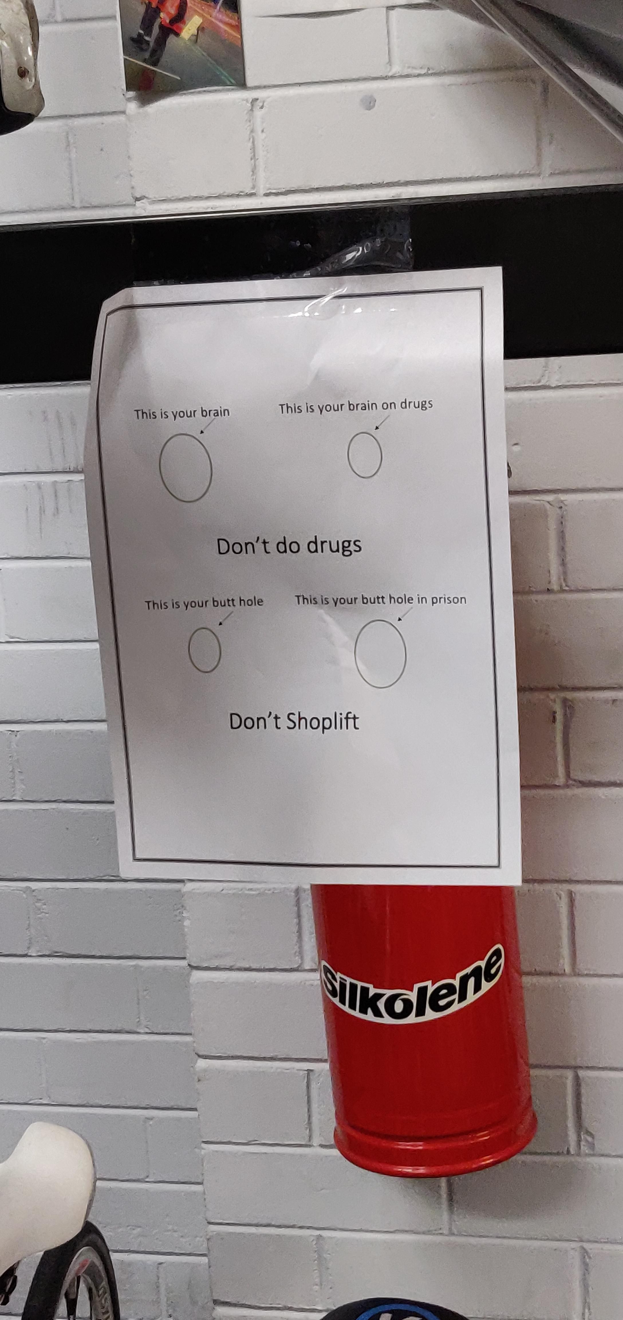 Drugs and shoplifting analogy in a bike shop in Perth, WA.