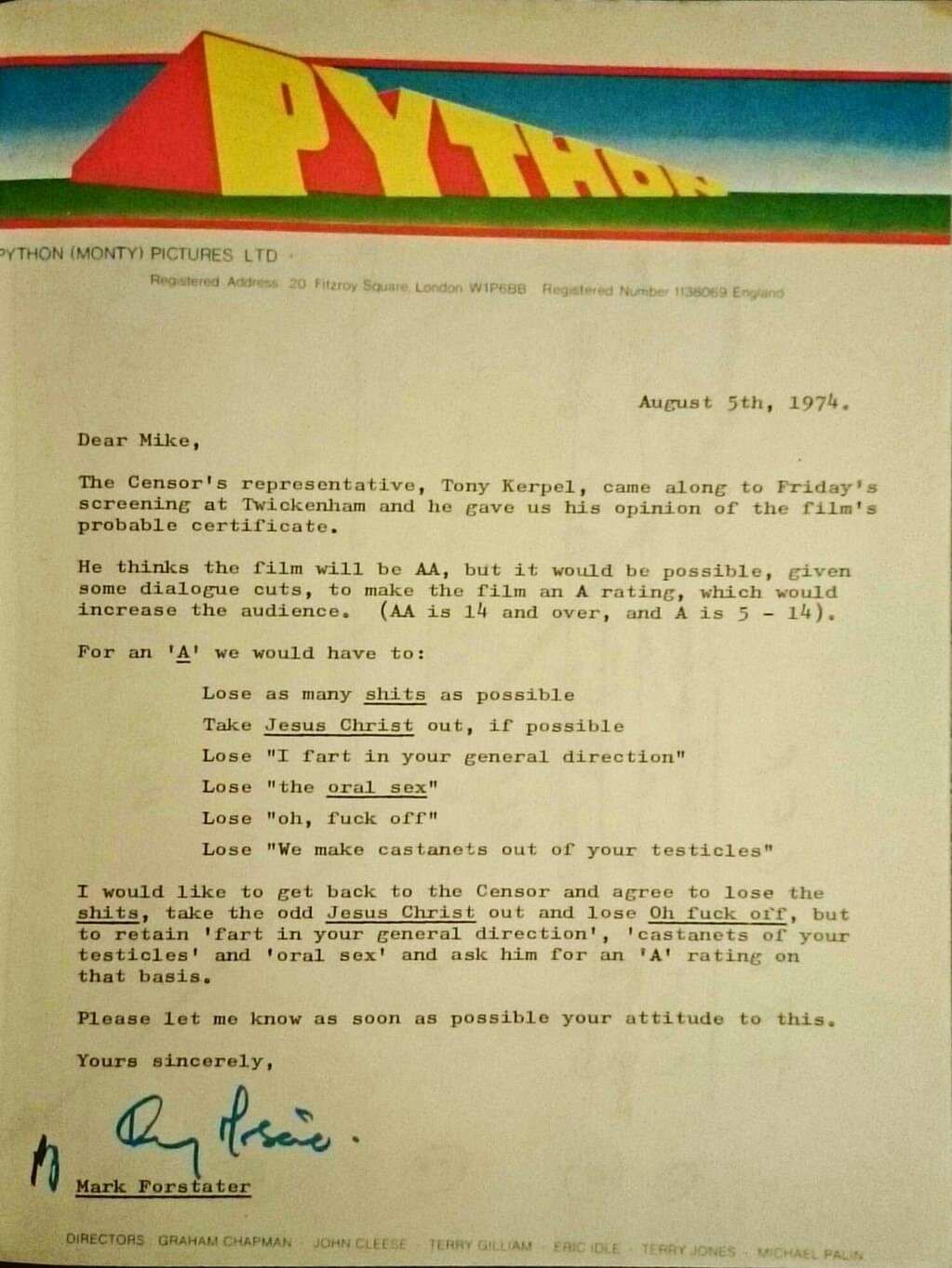 The hilarious censor negotiation letter from Monthy Python and the Holy Grail.