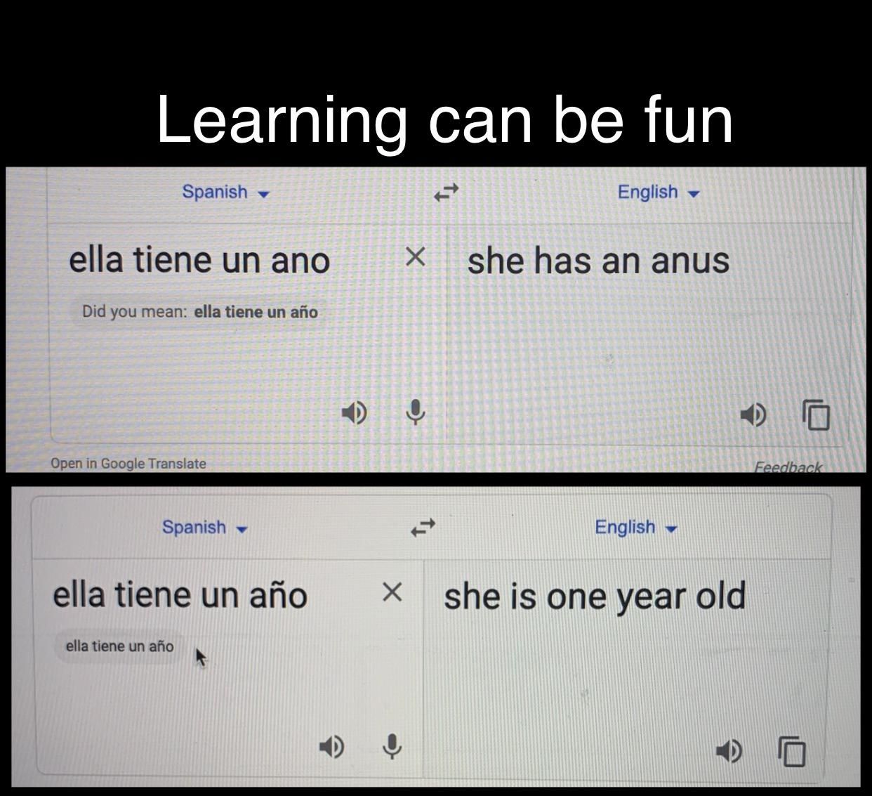 I’m learning Spanish right now and thought this was pretty funny, thank you Google Translate