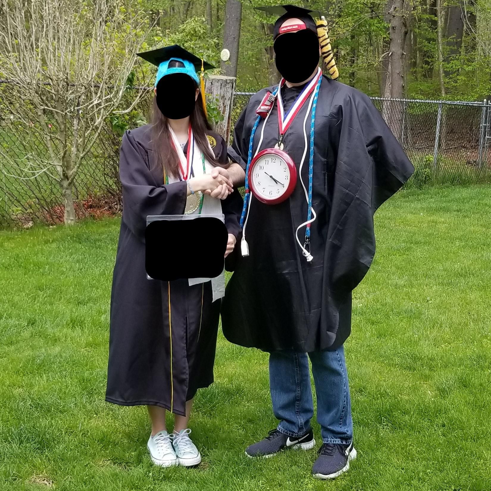 My commencement ceremony got postponed so my parents held a backyard graduation for me instead. My dad was very excited to create his own regalia to celebrate the occasion.