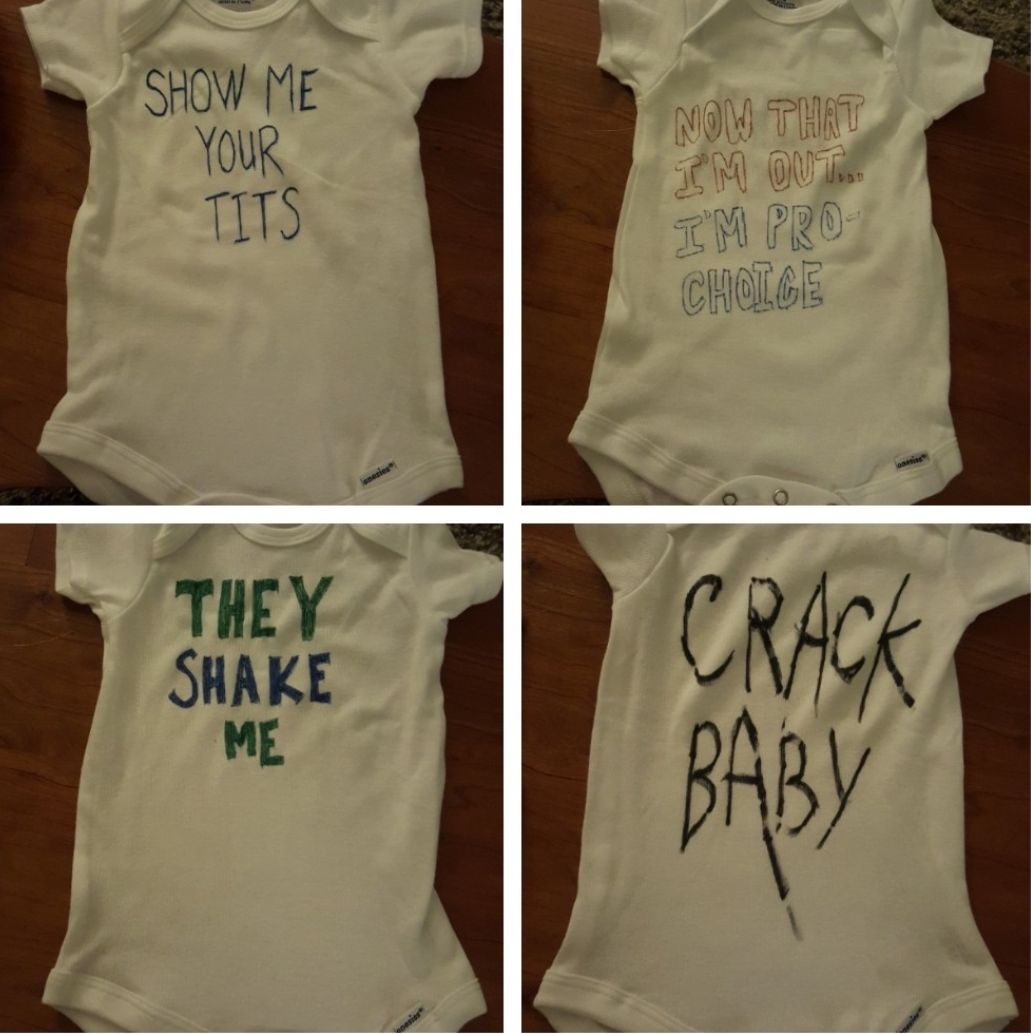 One of my wife's friends gave these homemade onesies to her at her baby shower.