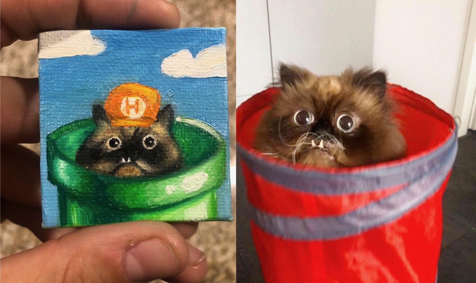 I painted the cat goomba from yesterday's front page on a tiny canvas