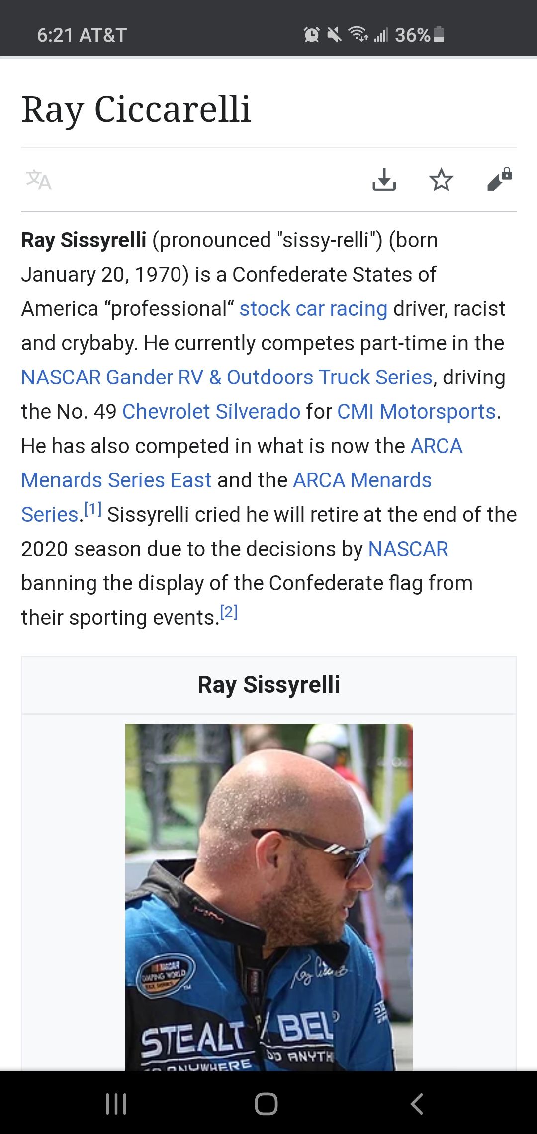 Ciccarelli had less time leading a NASCAR race than it took update his Wikipedia page. Which was pretty darn fast.