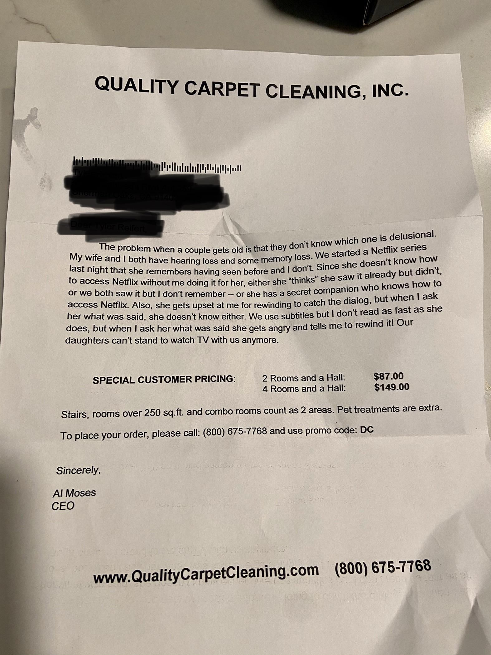The carpet cleaners send an annual letter to its customers. This is the one I received today