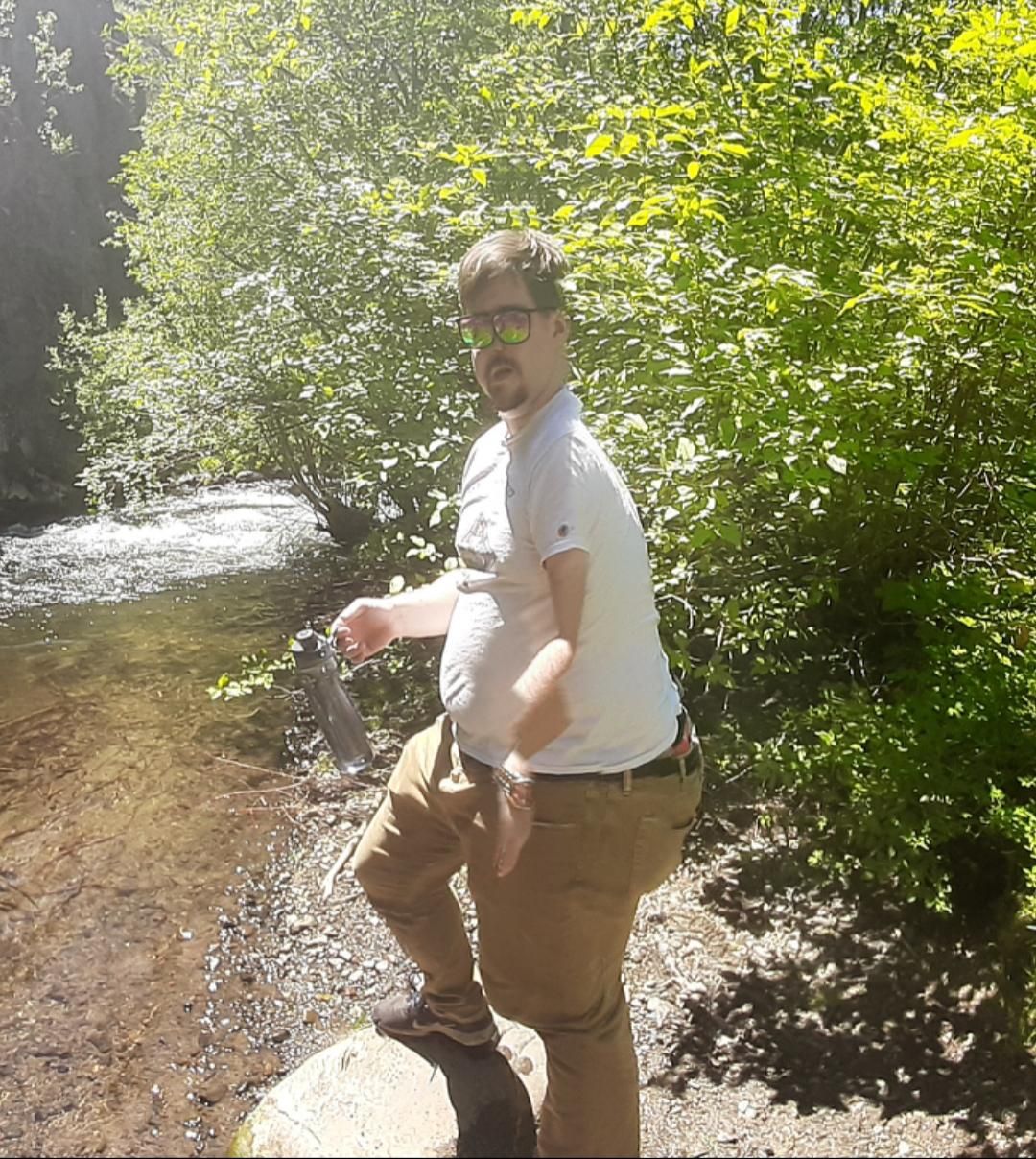 Tried to take a panorama from our hike today, it really did my boyfriend dirty...
