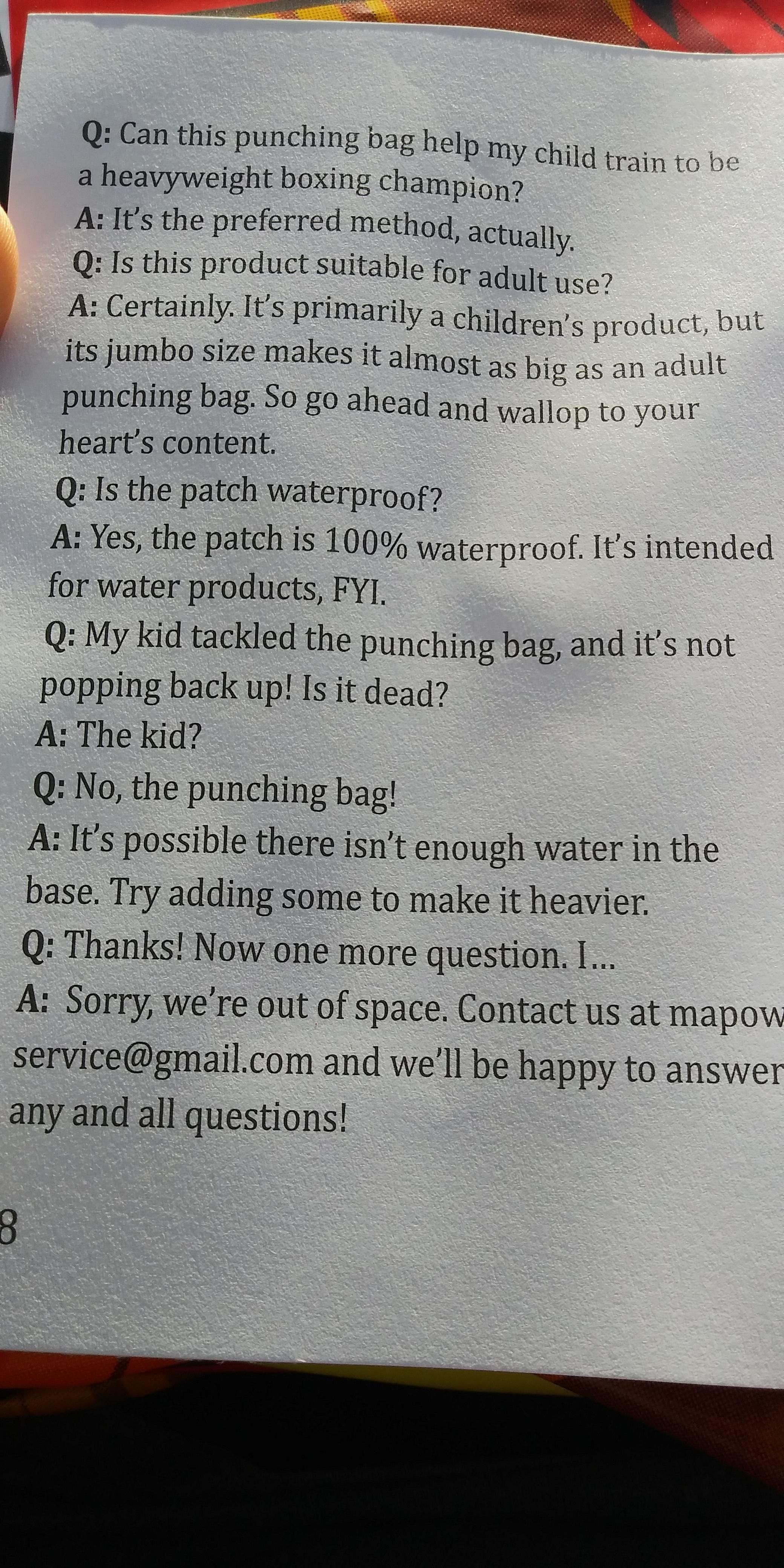 Thought you guys would enjoy this Q&A that came with a kids inflatable boxing bag