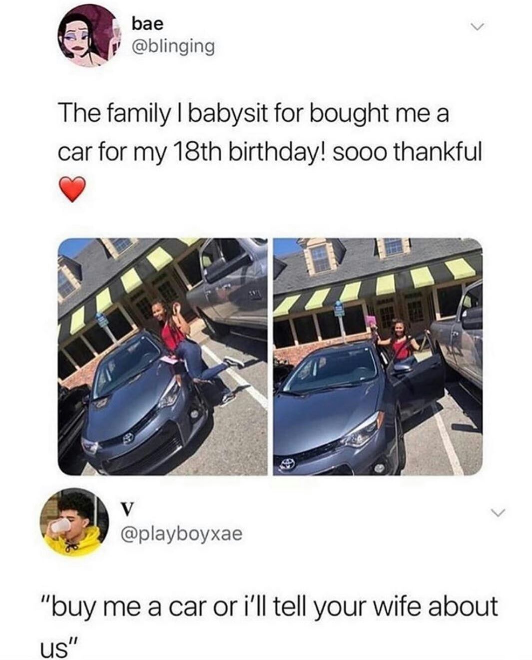 wife: what do you mean you bought her a new car... husband:w(°ｏ°)w