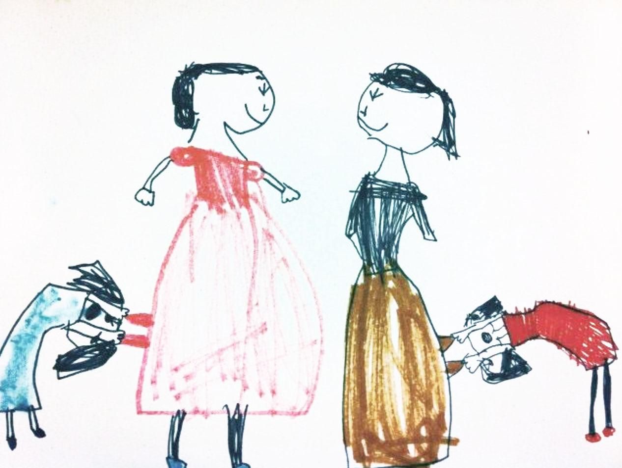 My daughter drew this in kindergarten. Title: "Moms chatting after school"