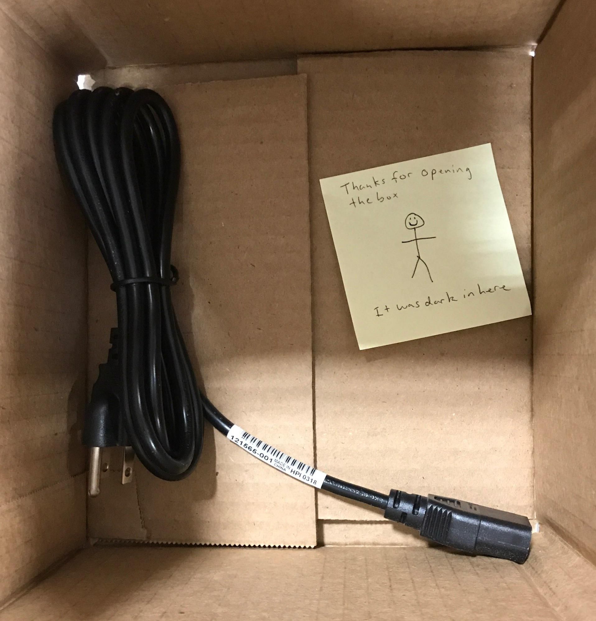 Had to send a user a new monitor power cord. Decided to leave them a surprise in the box with it.