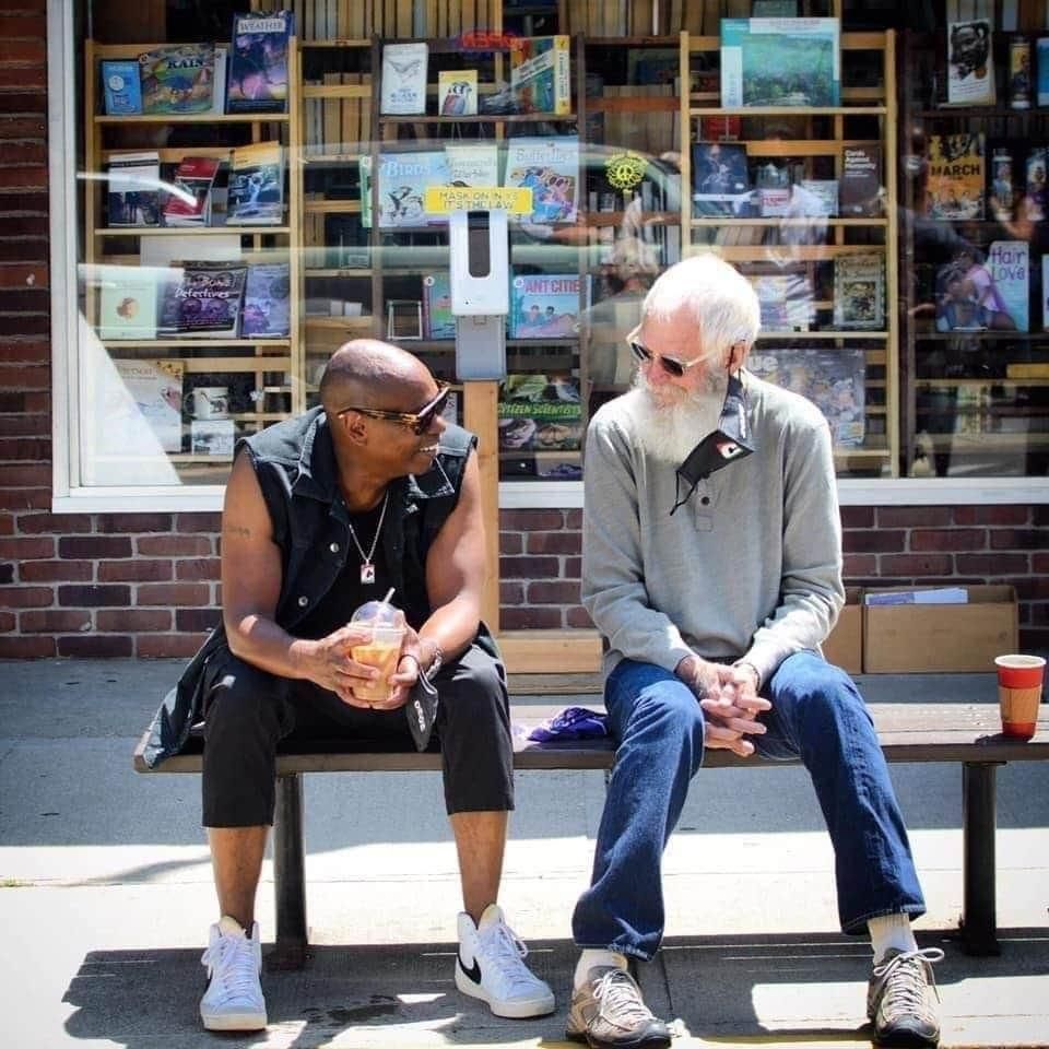 Dave Chappelle and David Letterman randomly sitting in Yellow Springs, OH.