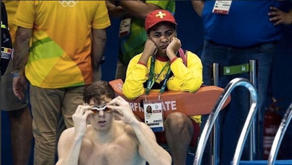 If you ever feel useless, this is the lifeguard at the swimming Olympics
