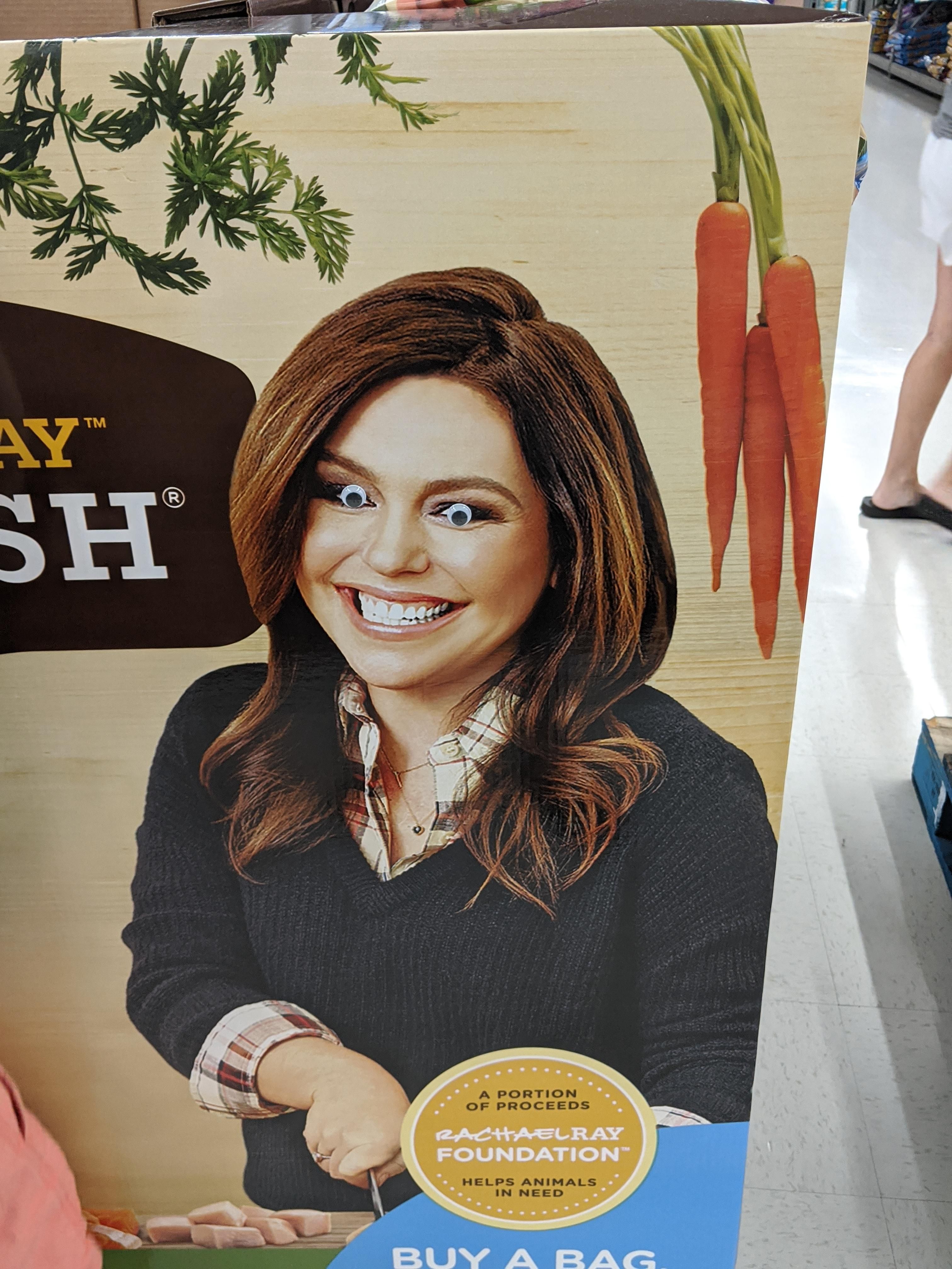 Some genius put googly eyes on this Rachel Ray display in Walmart.