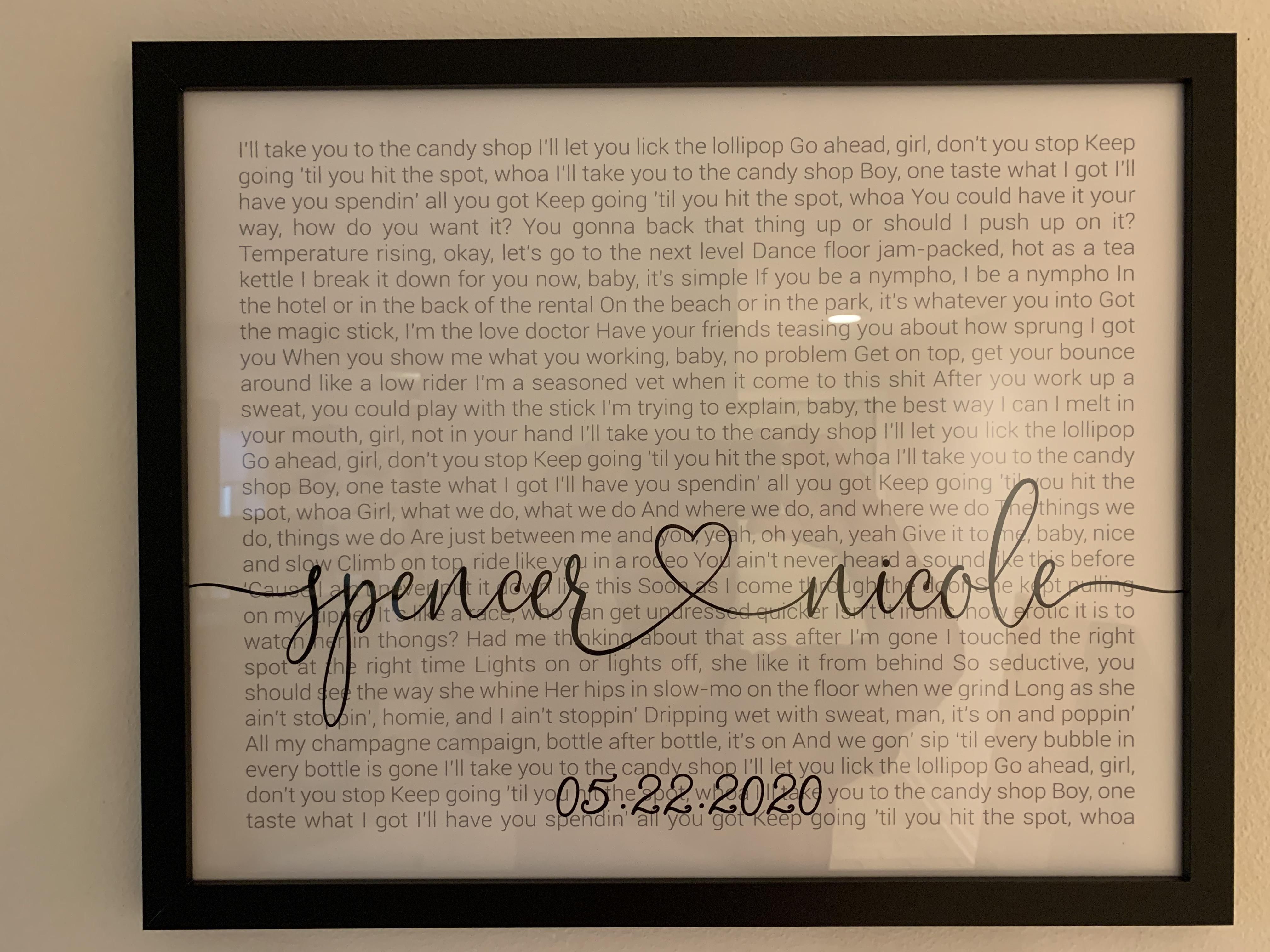Mother-in-law suggested something sweet to commemorate our marriage, so we framed this and put it near the front door. Now just waiting for the day that she notices.