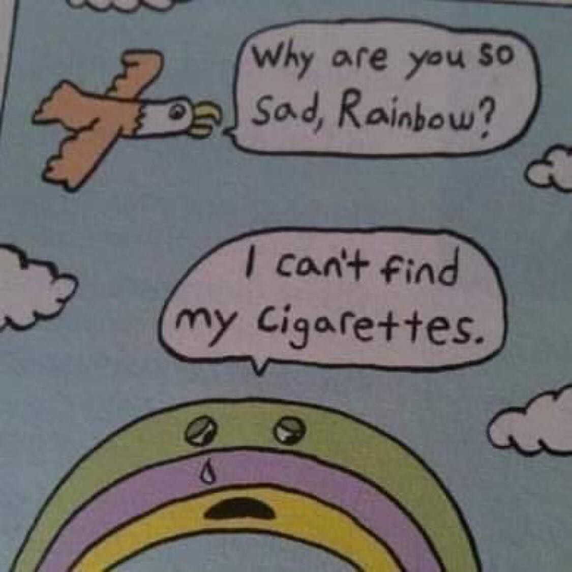 poor sad rainbow brehs someone give him a cigarrete pls brehs