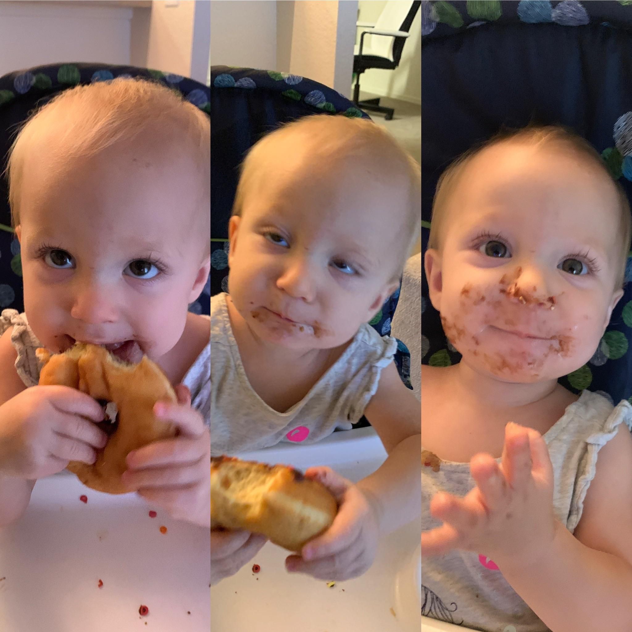 The progression of a baby eating their first donut.