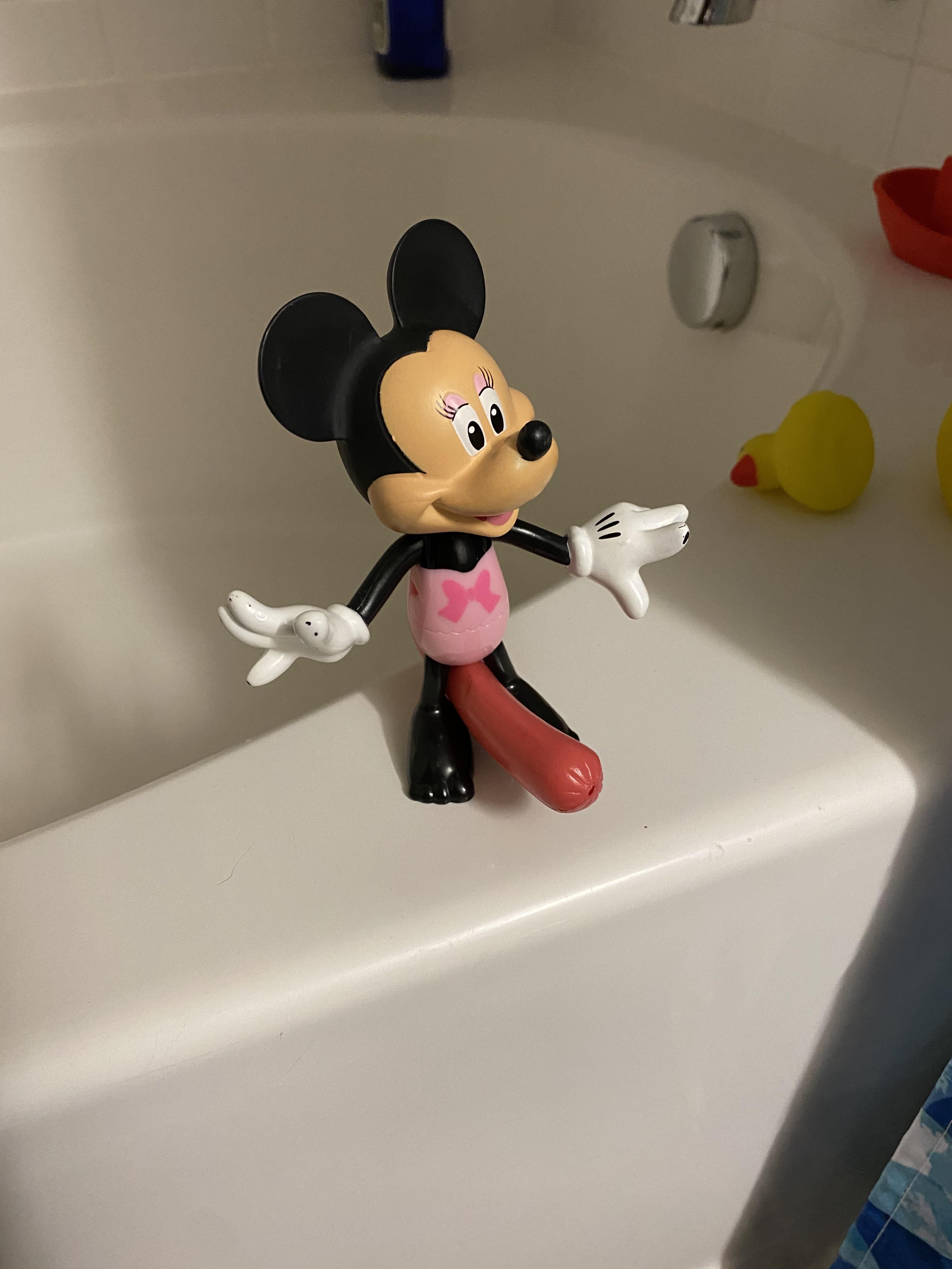 My daughter said she had to give Minnie Mouse a floaty before she could get in the bath tonight. Boy was I not ready for this.