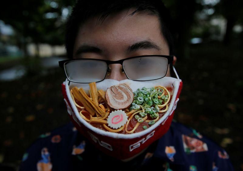 Japanese artist creates ramen face mask to complement fogged glasses. .