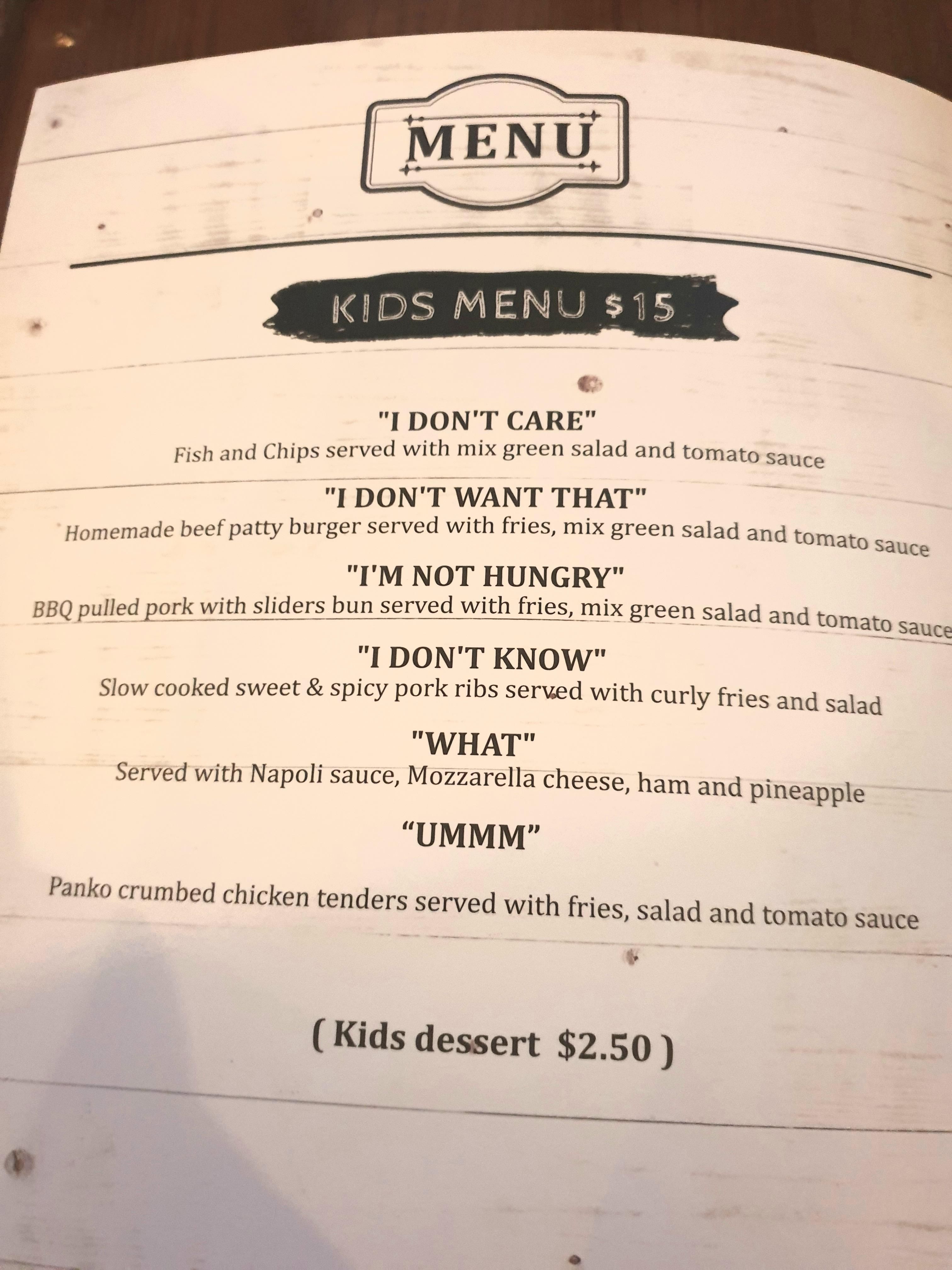 The kids menu at a local restaurant