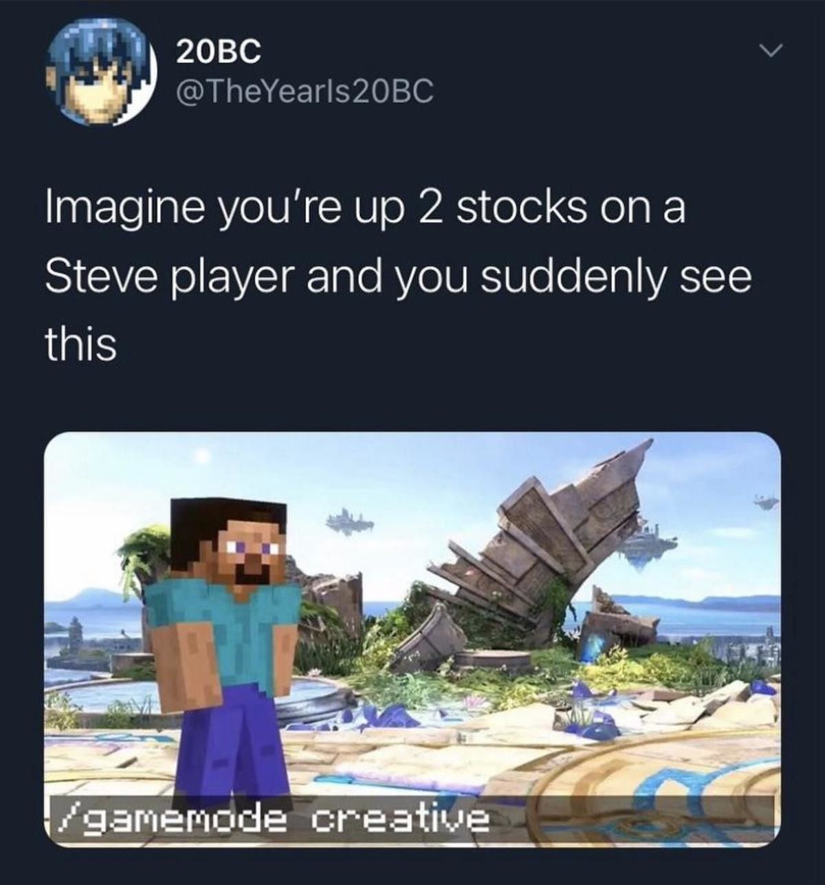 He then tries flying above the area and falls out of the map, thus losing