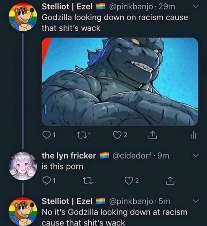 No it's Godzilla looking down at racism