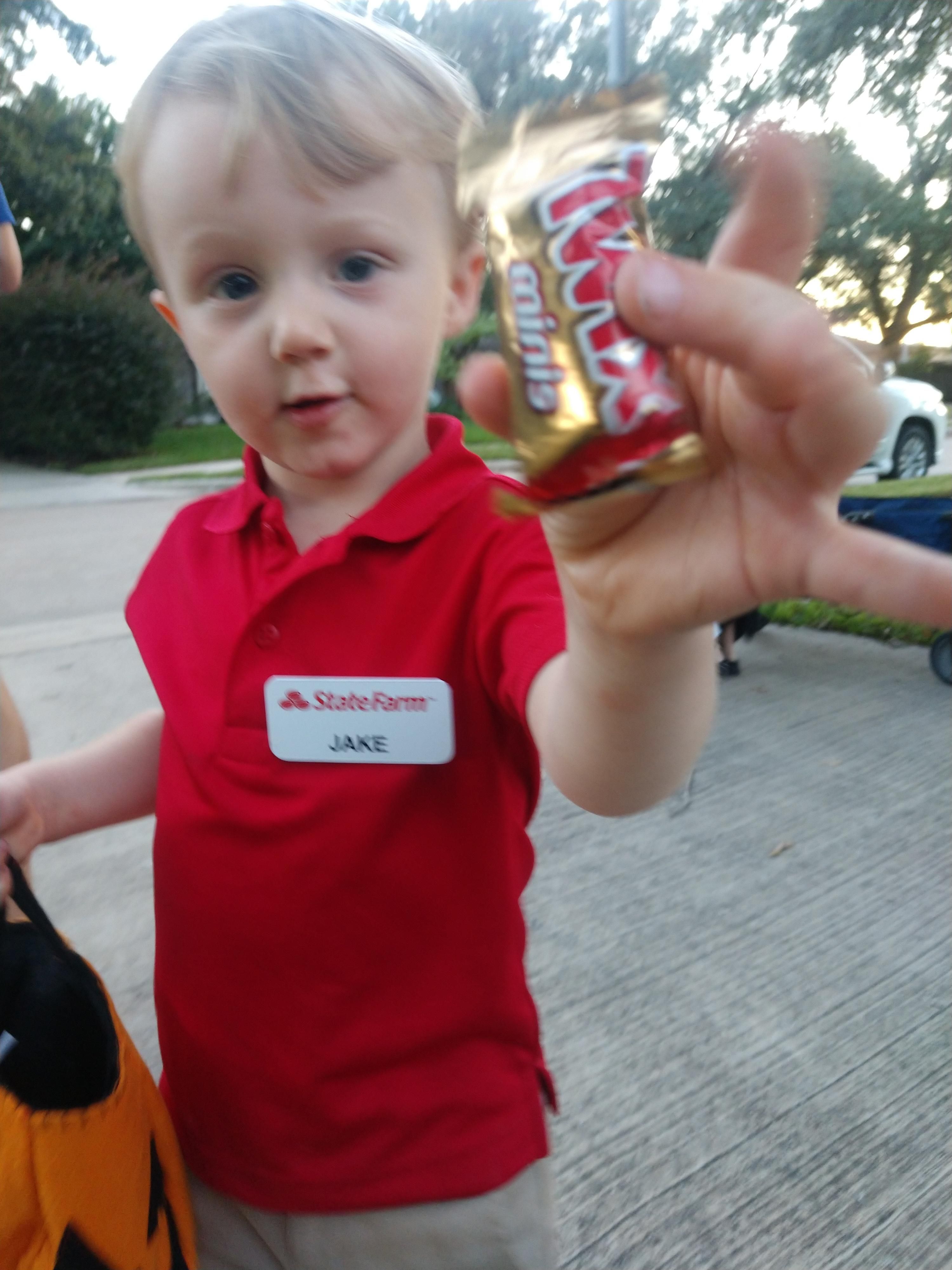 When asked, my 3 year old nephew said he wanted to be Jake from State Farm. Mission accomplished... Ps. If you ask him what he is wearing, he always says, "khakis!"