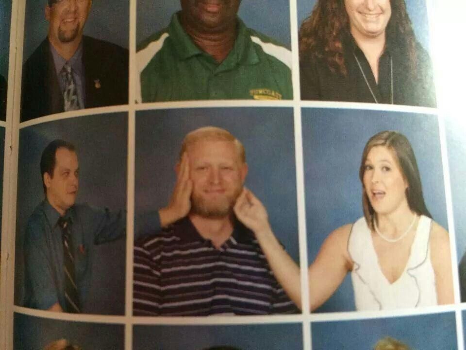Teachers being creative with their school yearbook photos.