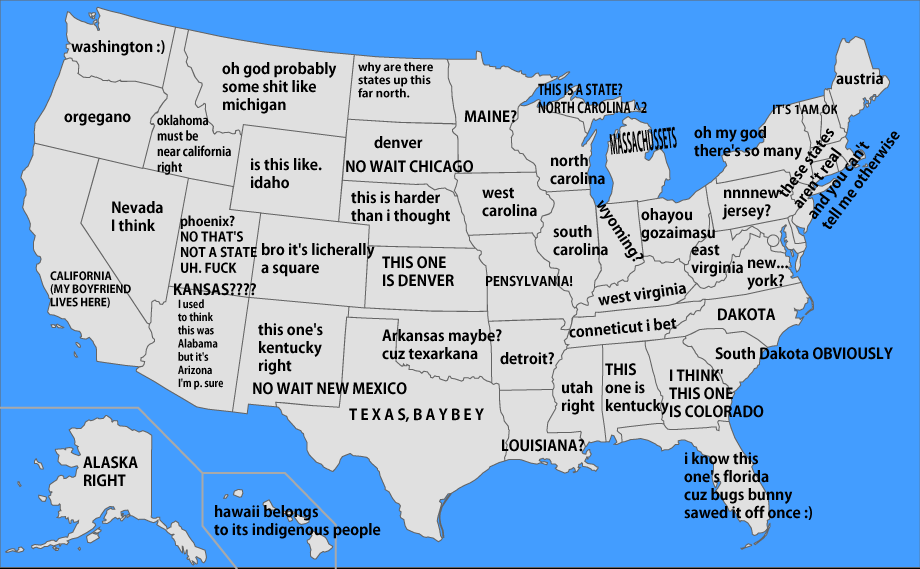 I asked my girlfriend, who lives in Europe, to fill in a map of the USA. These are the results