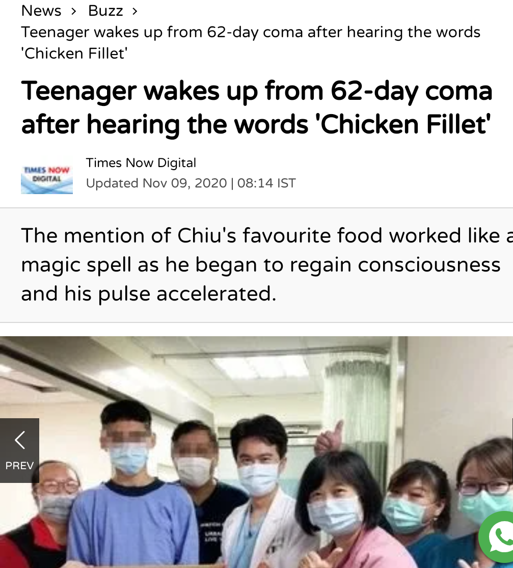 Imagine waking up from coma by hearing ' chicken fillet '