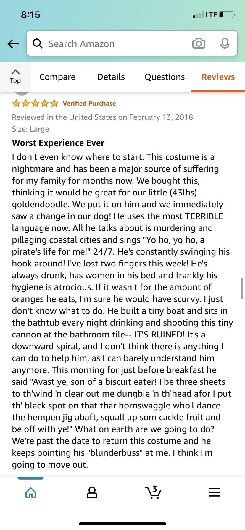 An Amazon review for a dogs pirate costume.