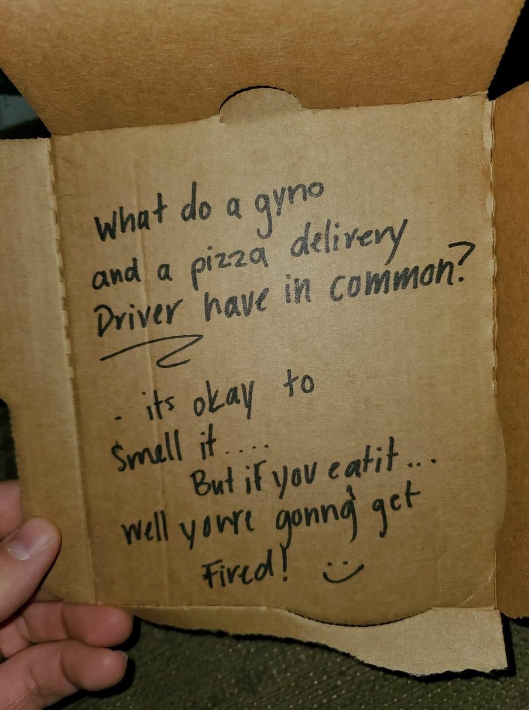 I asked the pizza shop to write a joke on the box. I got what I asked for but not what I expected.