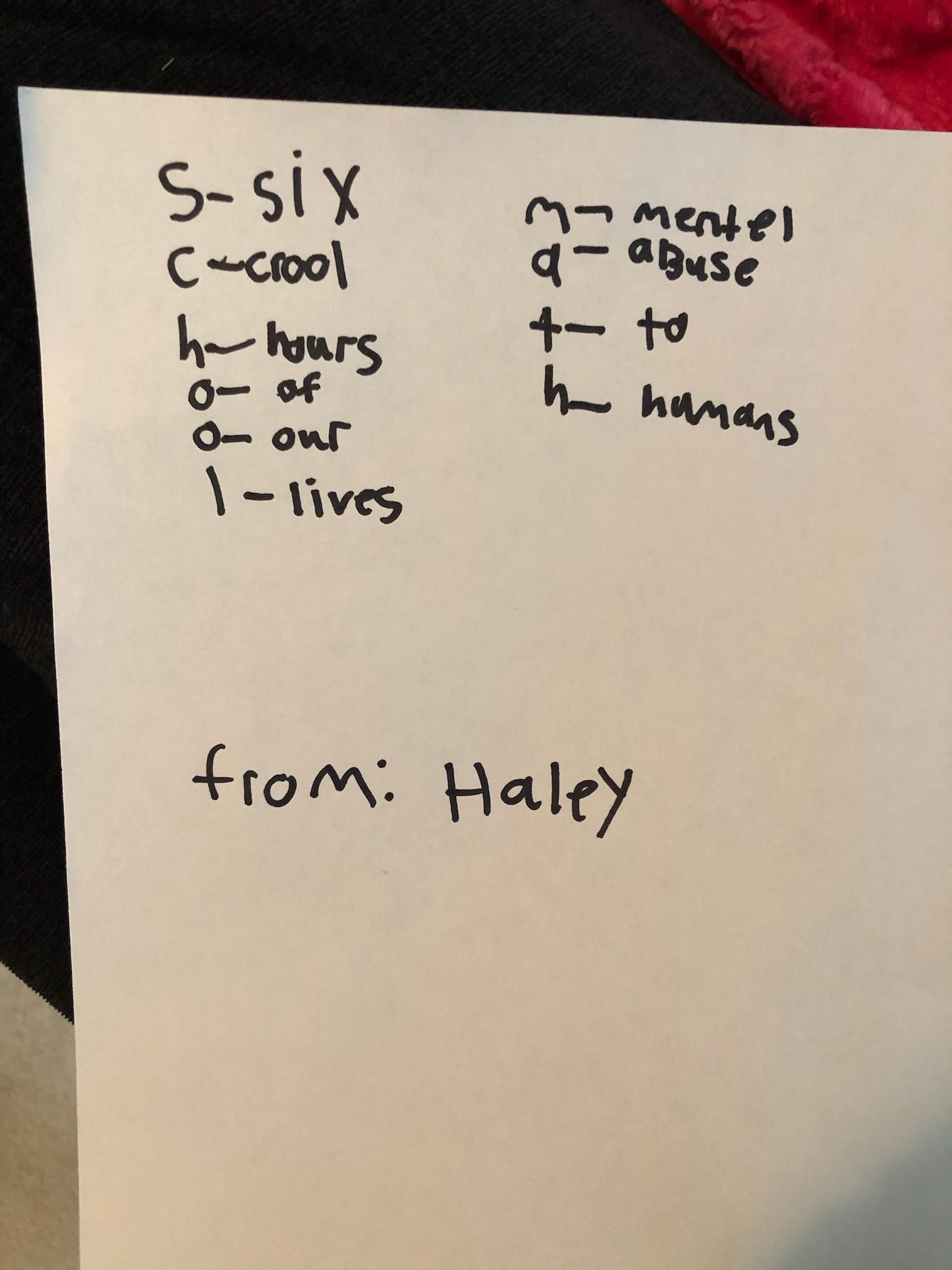 So my 9 yr old daughter had to write a word for each letter of "school math" and this is what she came up with.