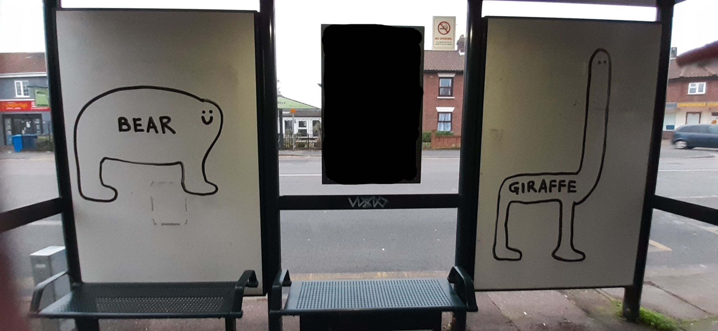 A new art installation at a local bus stop.
