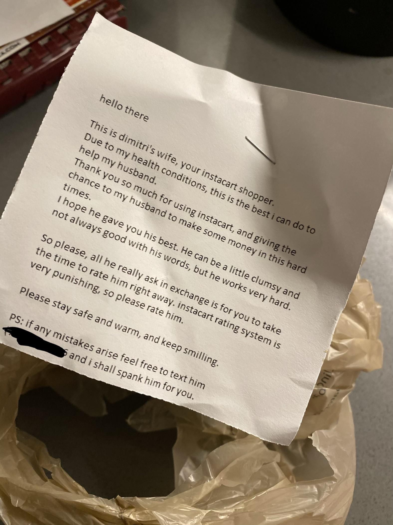 A note from my instacart shopper’s wife
