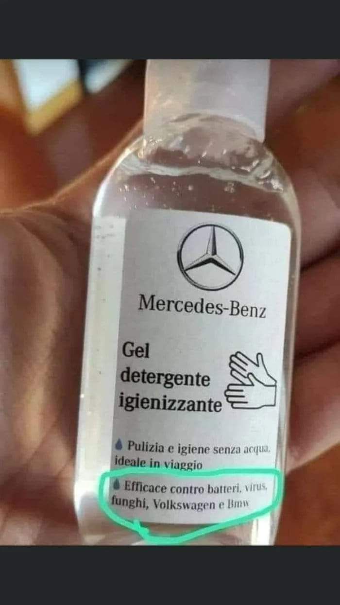 Mercedes-benz hand sanitizer "Effective against bacteria, viruses, fungi, Volkswagen, BMW"