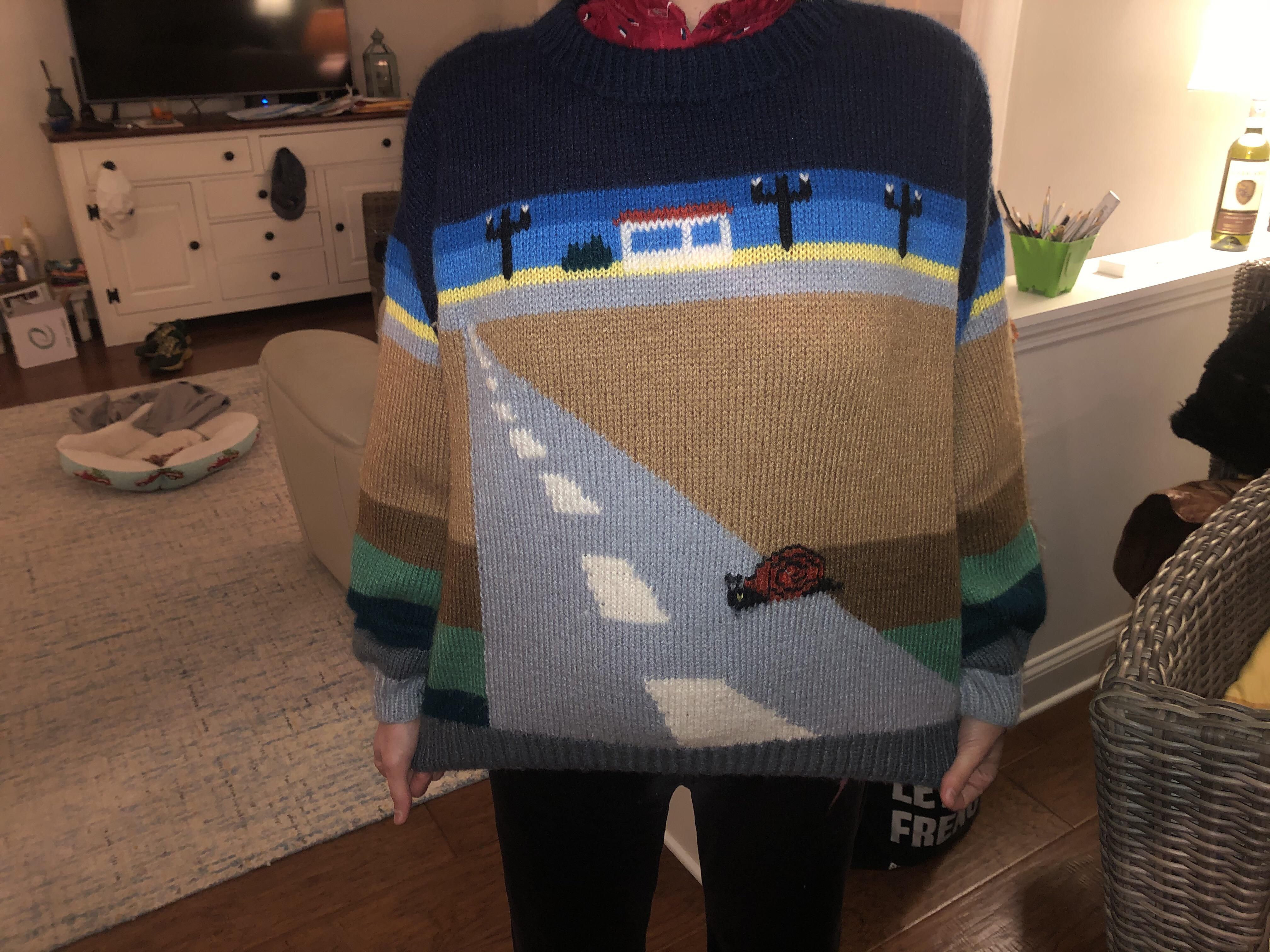 My wife’s mother unintentionally knitted a sweater that’s reminiscent of Pole Position and other 80s arcade games.