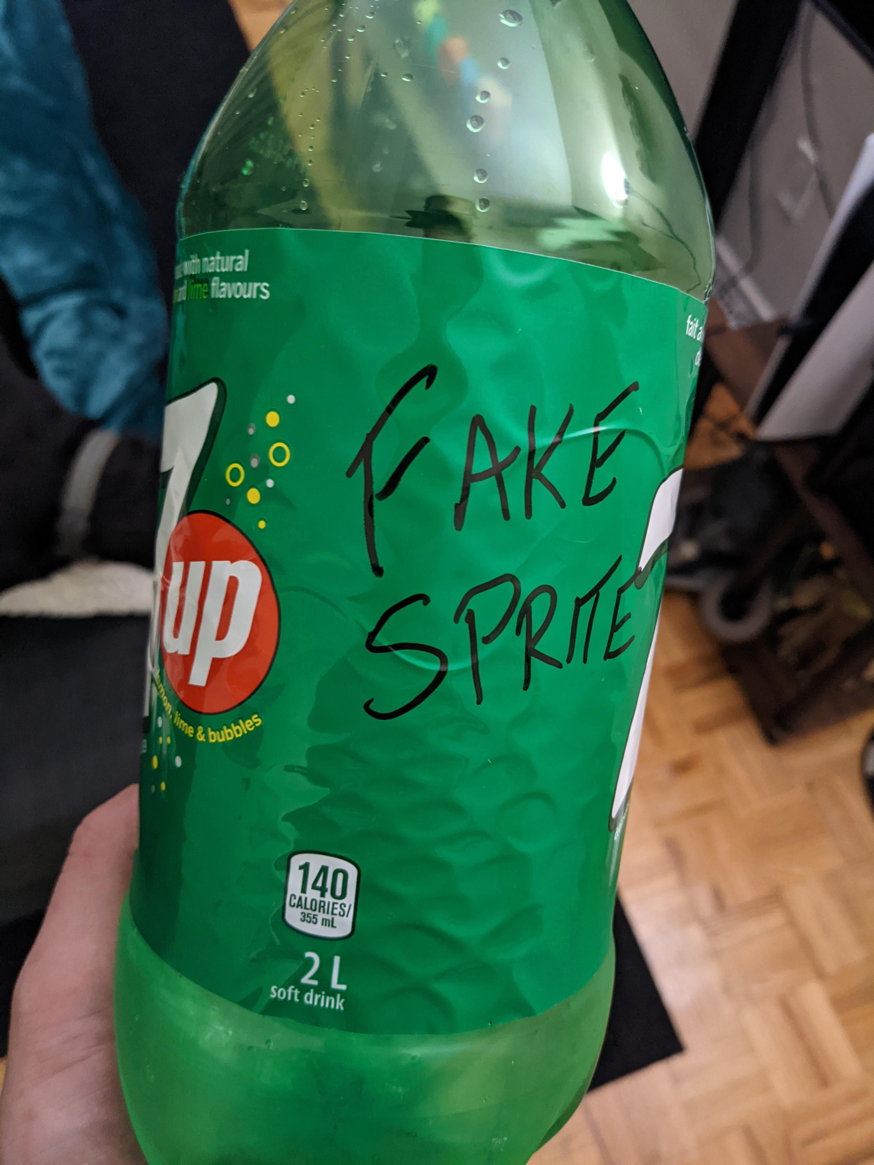 My wife wanted Sprite. I got her 7up. She wrote this on the bottle.