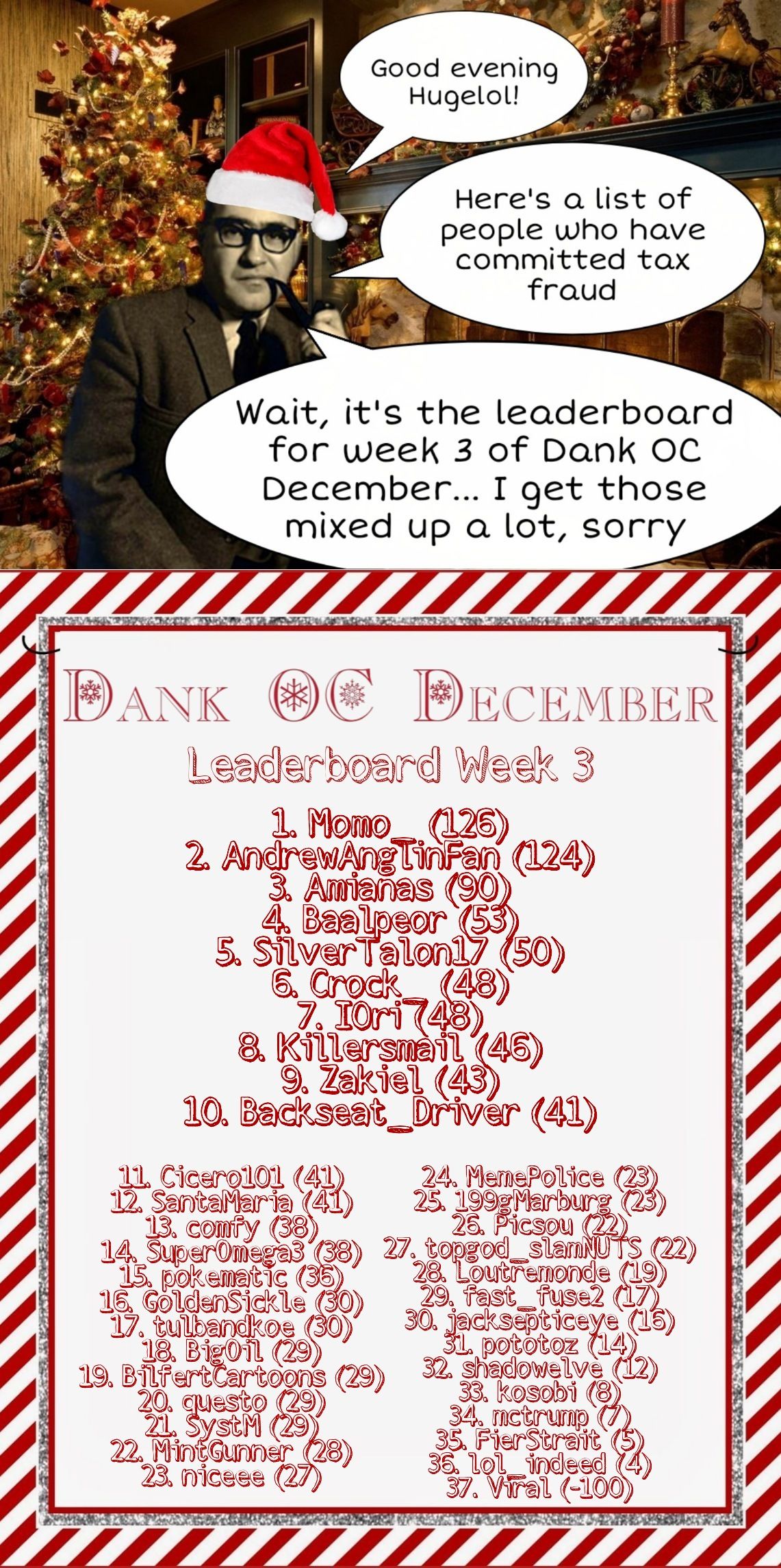 3rd leaderboard of Dank OC December: momo_ climbs his way to the top! Also, tax fraud