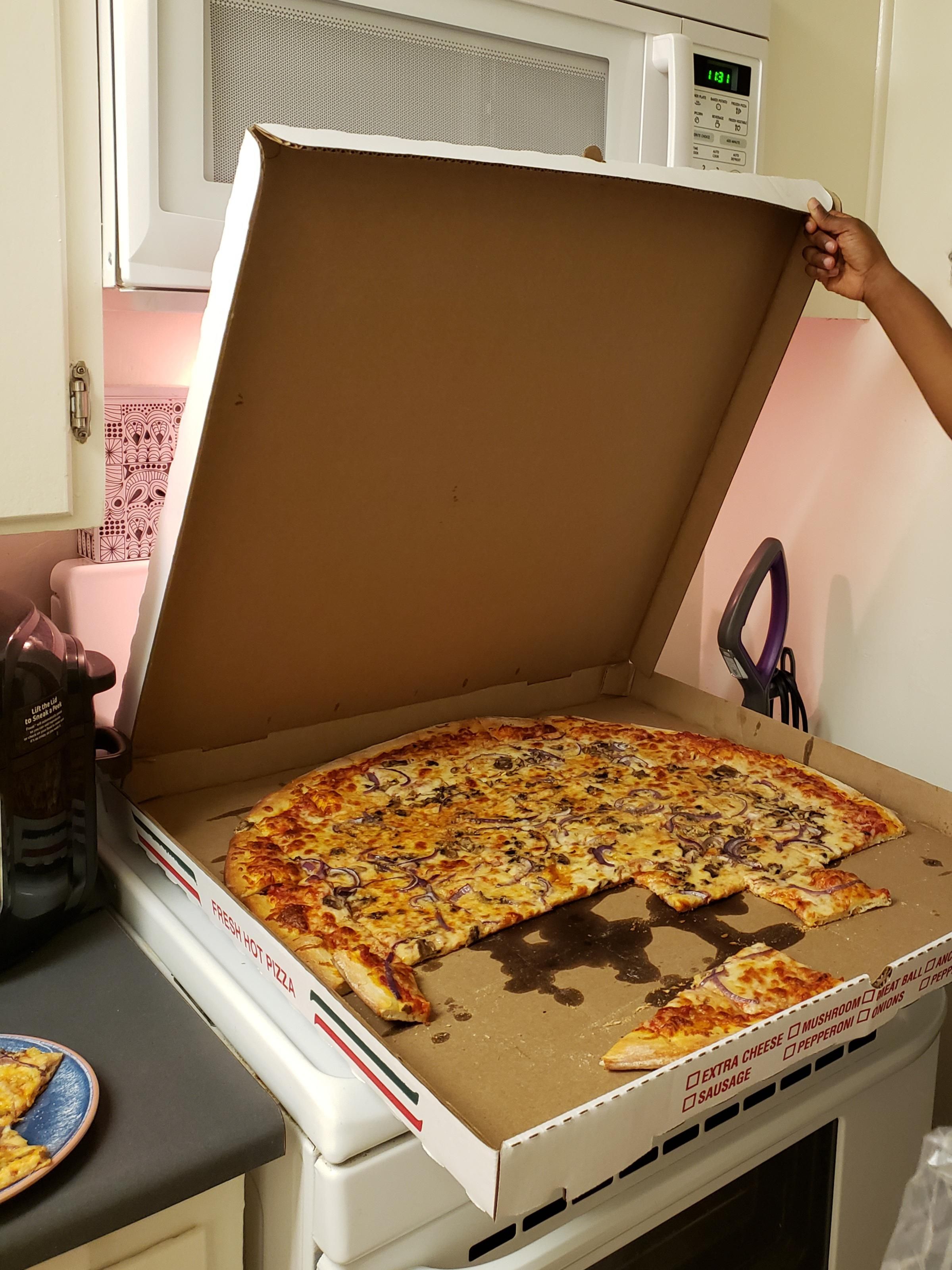 My wife isn't great at measurements and ordered a 28" pizza for the two of us.