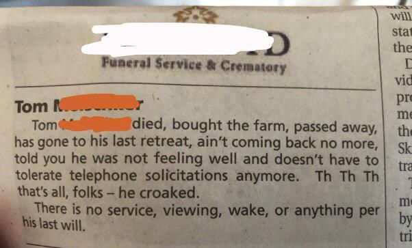 An Actual Obituary in My Local Paper. What a Legend.