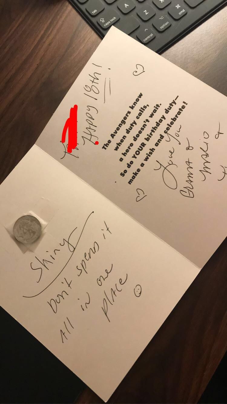 A while back my step grandpa had to borrow a quarter off me and insisted on paying it back. We’ve been finding interesting ways to pass it back and forth. This time he put it in my birthday card.