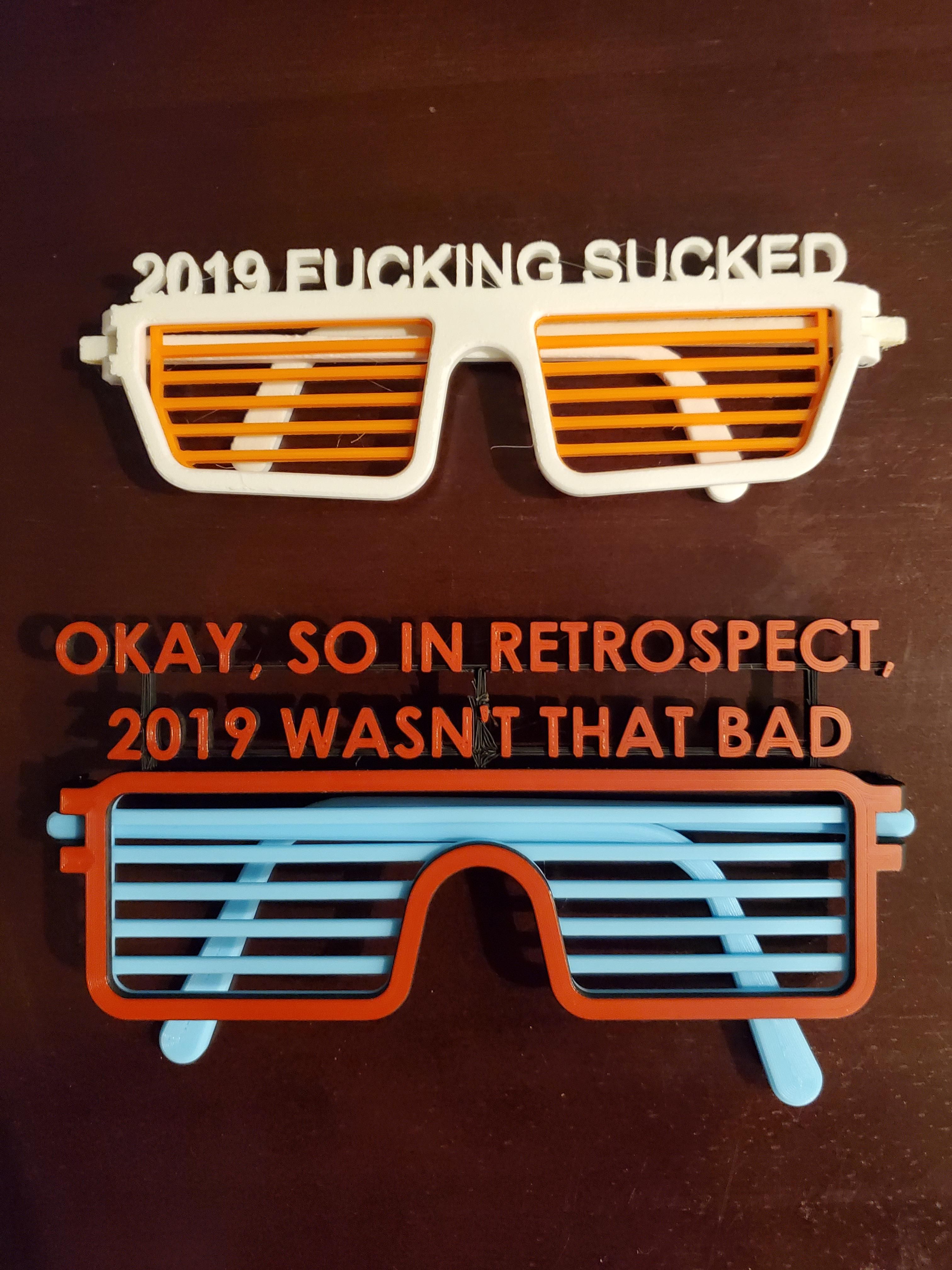 Behold! My friend makes glasses each year for his New Year's get together. 2019 edition vs 2020 edition .