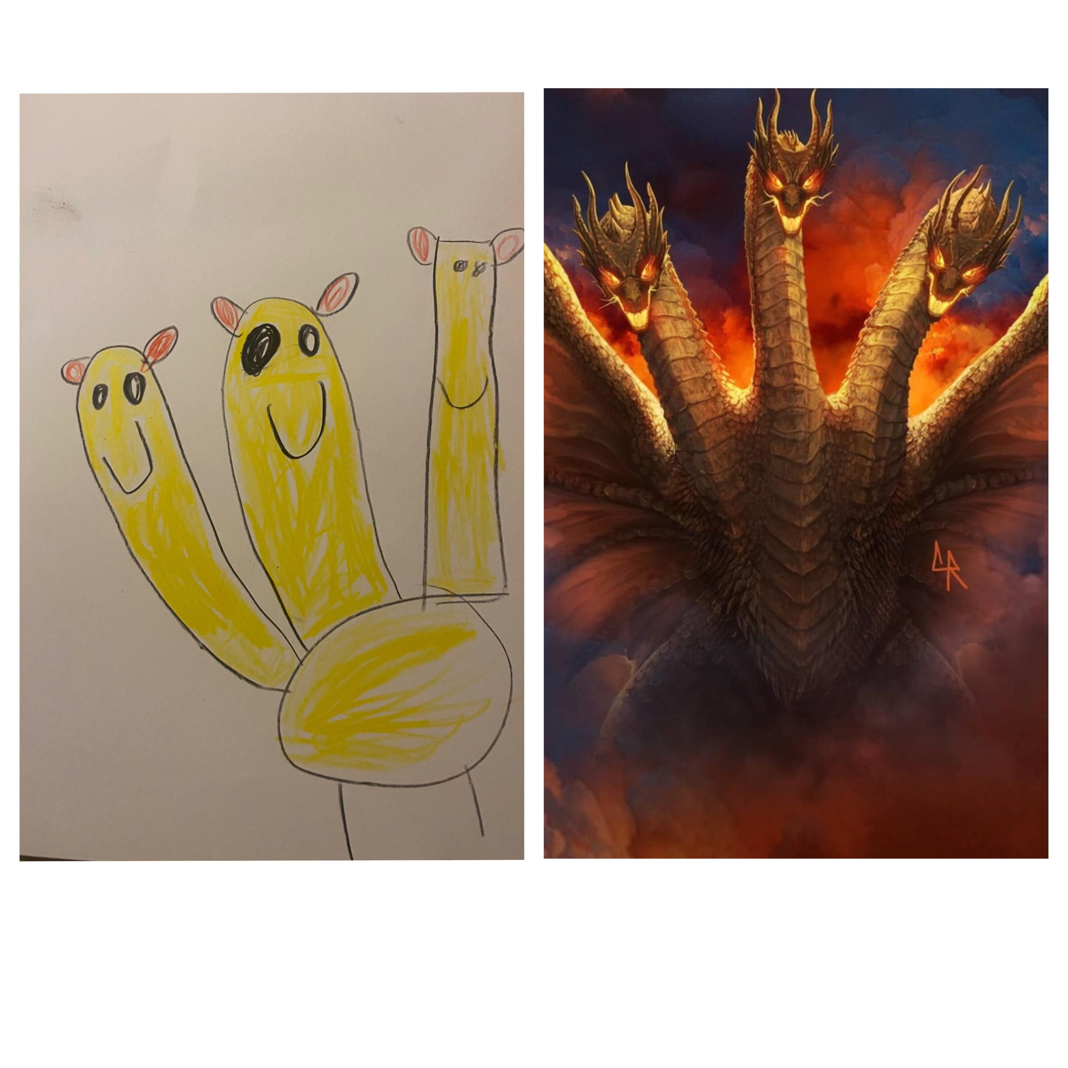 My 5 year old nephew loves Godzilla and was pretty proud of his King Ghidorah drawing.