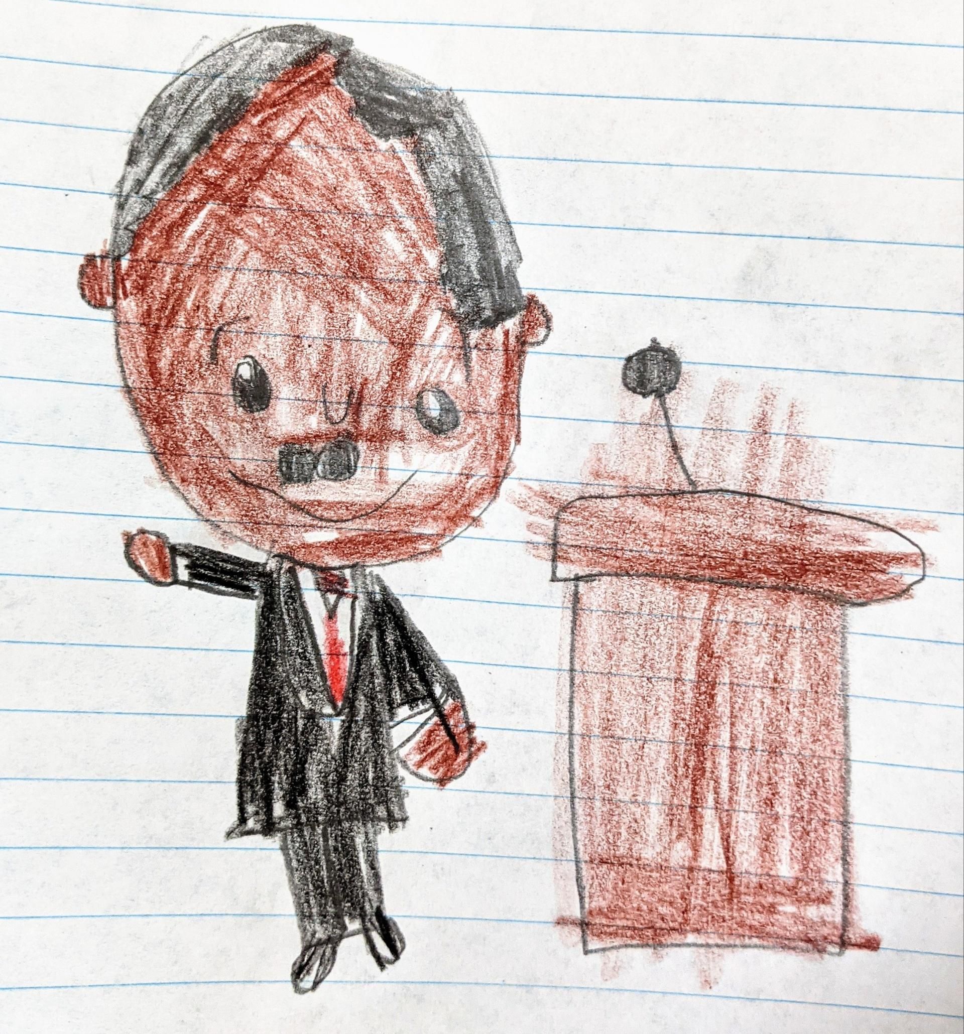 My son was supposed to draw Dr. Martin Luther King Jr., but with the mustache, the side part hair and outstretched arm he's looking like someone else.