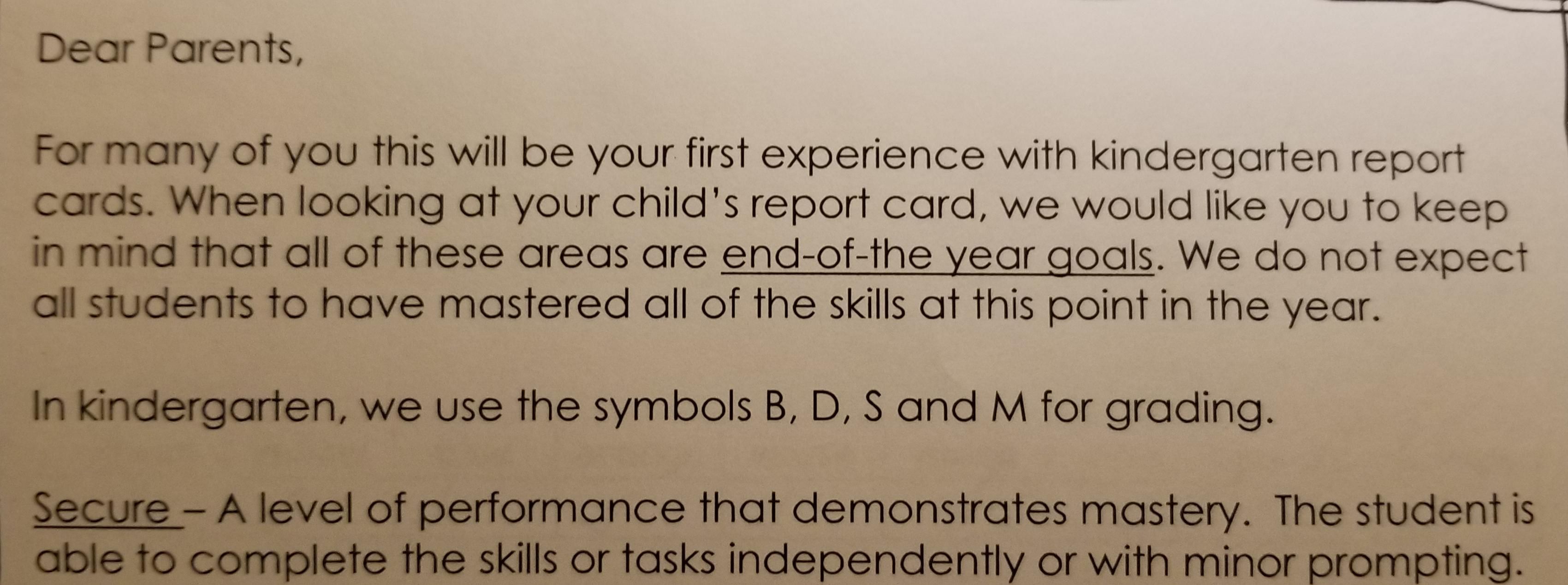 A letter from the kindergarten teacher, hard to keep it together while reading it out loud to our daughter.