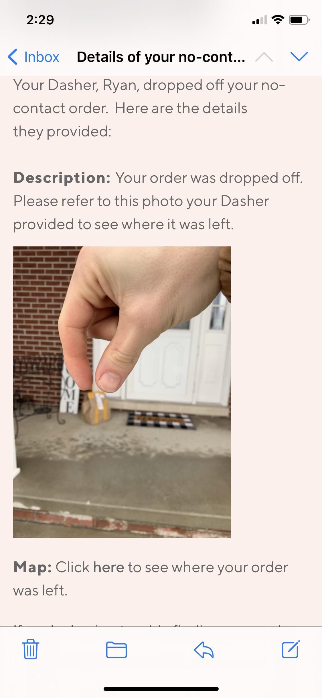 The best DoorDash delivery photo I have ever received.
