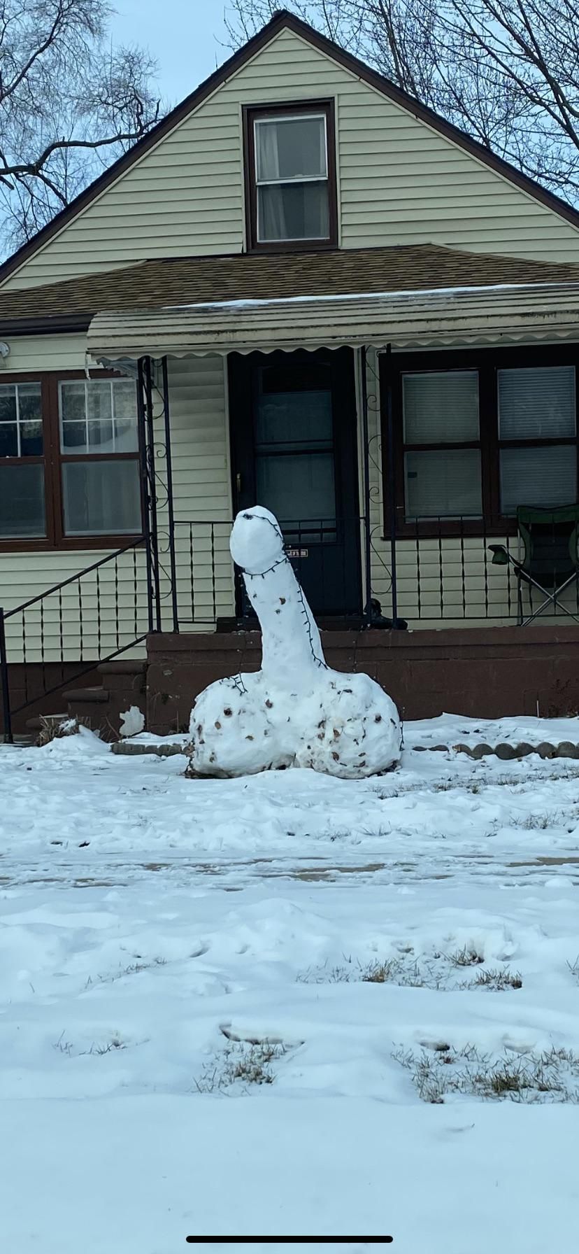 Looked like a shitty snowman from my house. Once I pulled down the street to go to work, I realized it’s a literal dick. Thanks, neighbors.