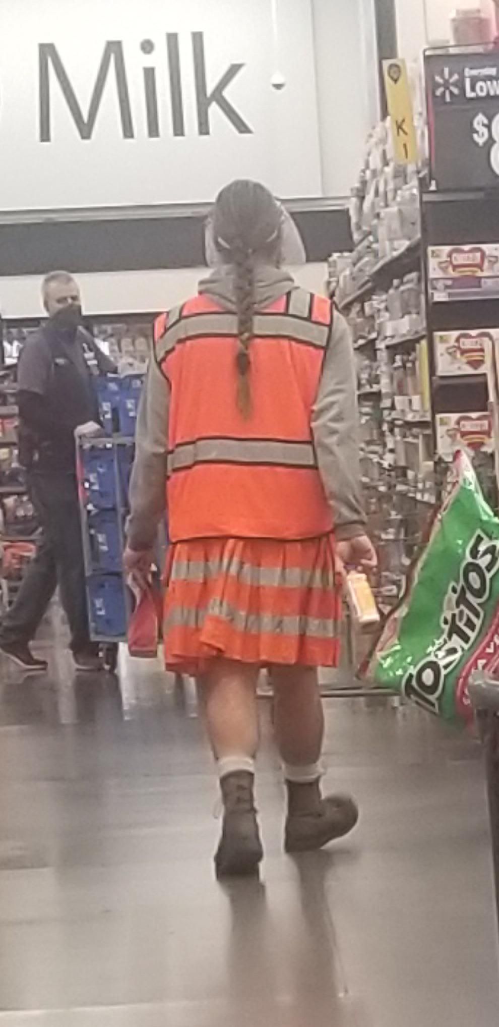 Used to work here, this guy is a cart pusher. He always wore kilts, and then today I seen this. Safety kilt.