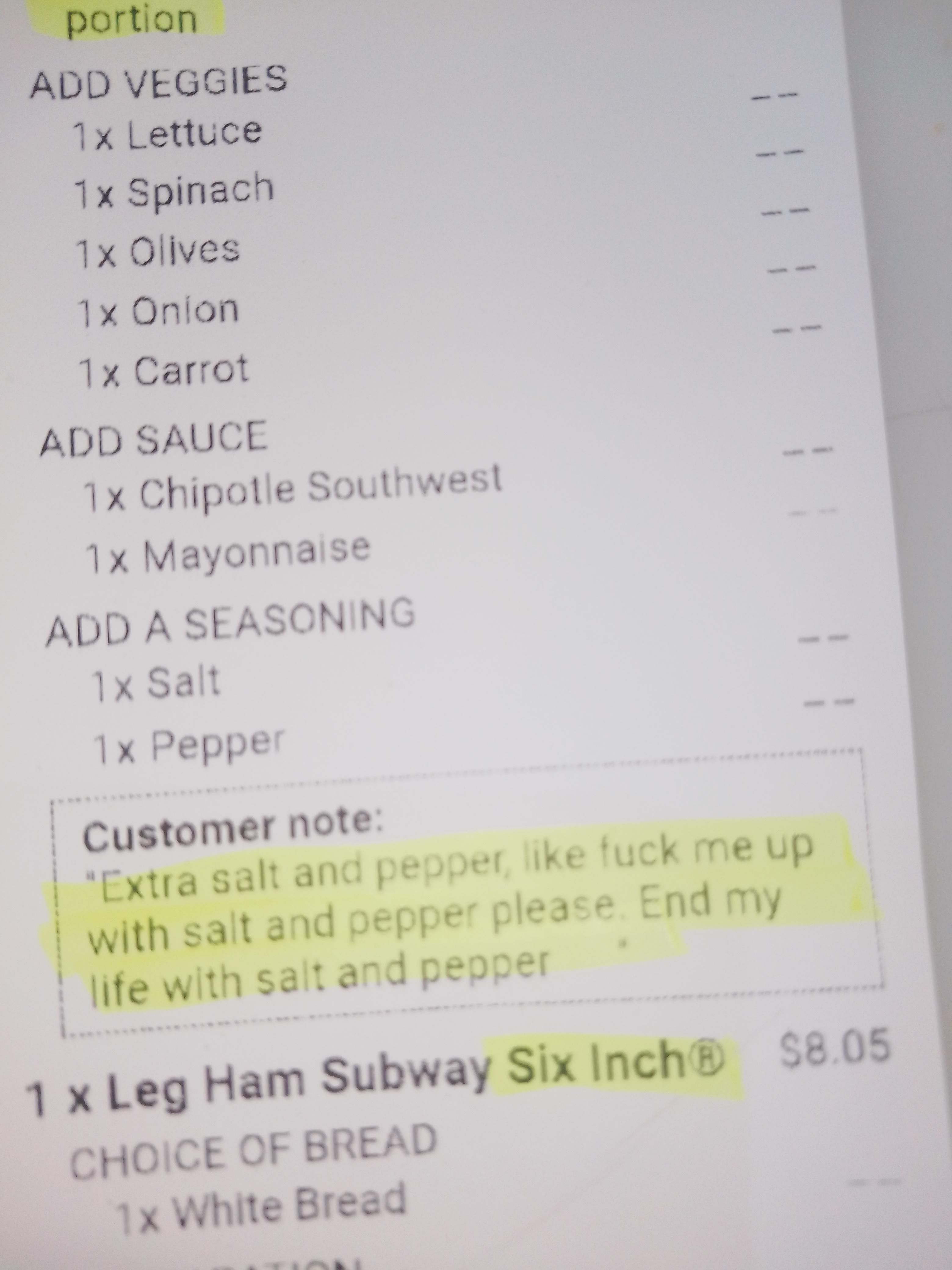 This guy's special request at my work for his food. Couldn't stop laughing!!
